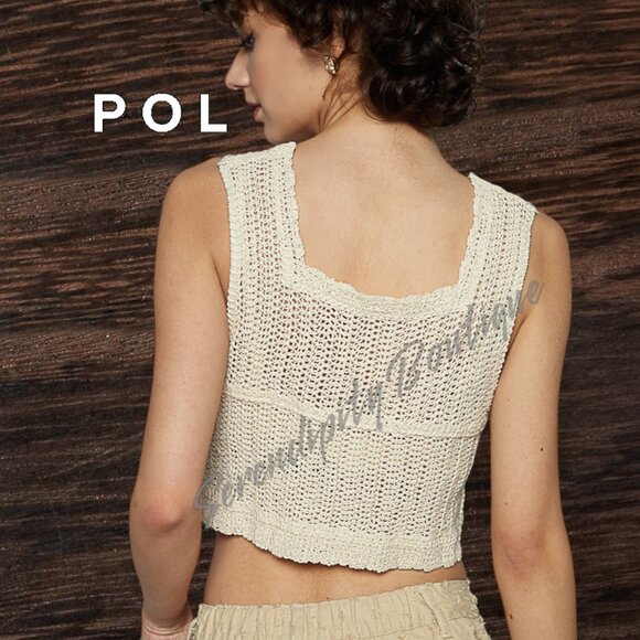 POL Crochet Delicate Floral Embroidered Soft Natural Open Knit Sleeveless Crop T - Picture 4 of 11